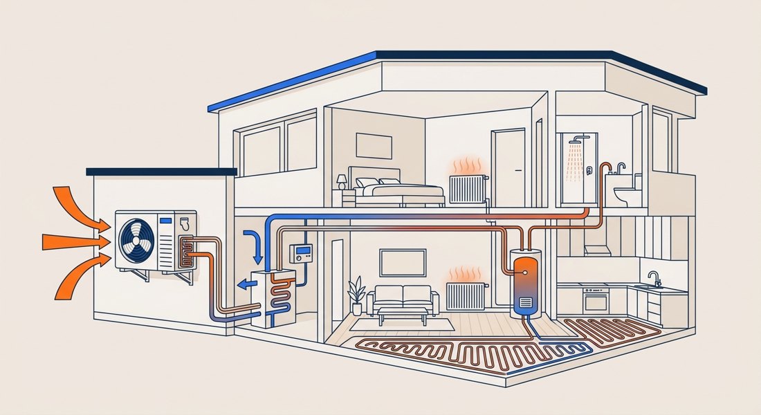 Schéma de fonctionnement d'une pompe à chaleur air-eau : unité extérieure, circuit d'eau, radiateurs, plancher chauffant et ballon d'eau chaude