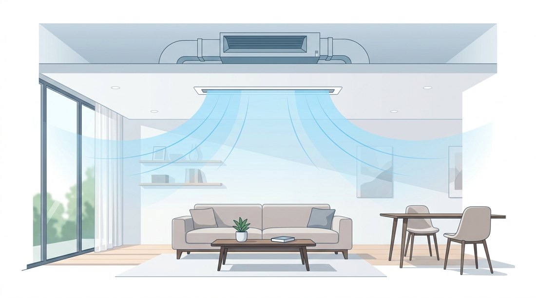 Climatisation gainable : grilles de diffusion discrètes au plafond d'un intérieur moderne