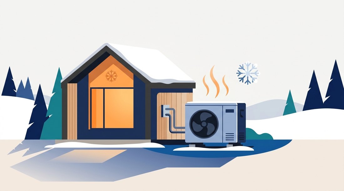 Pompe à chaleur : unité extérieure installée à côté d'une maison en hiver